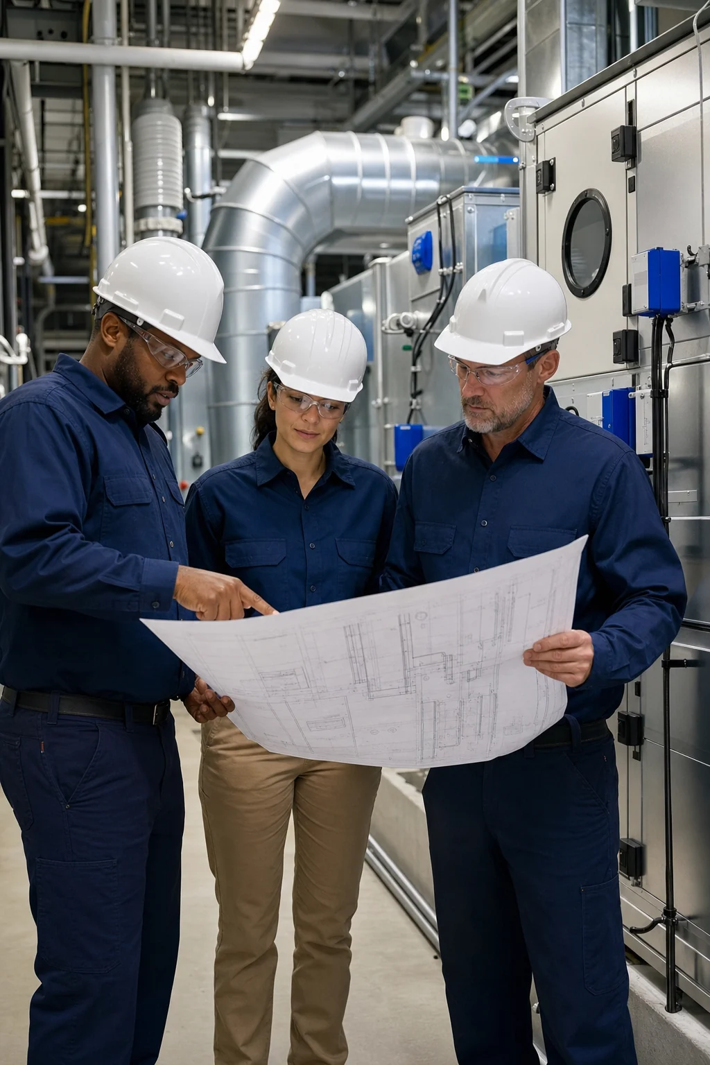HVAC professionals reviewing mechanical plans beside commercial equipment