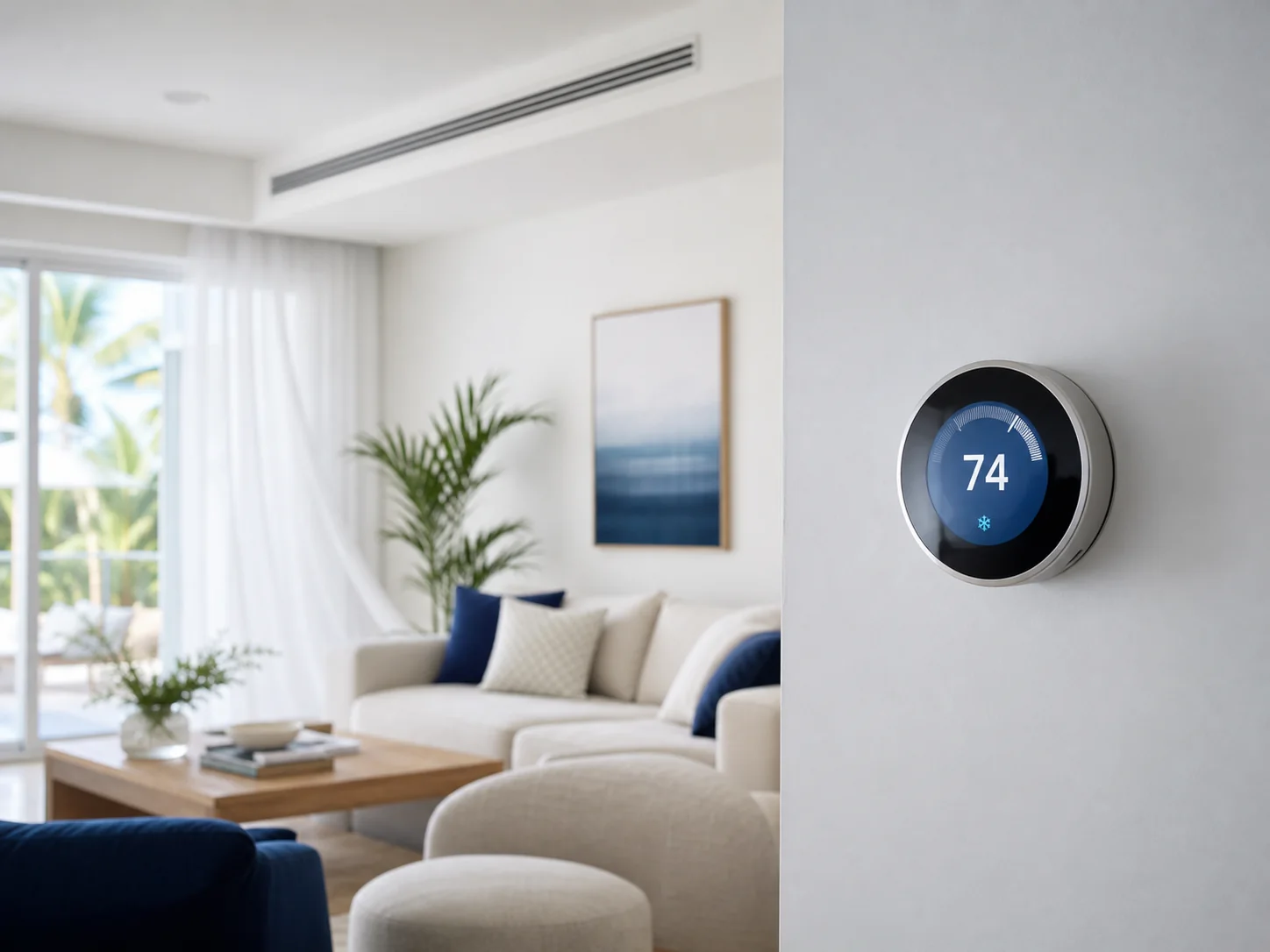 Modern thermostat controlling a comfortable air-conditioned Florida home