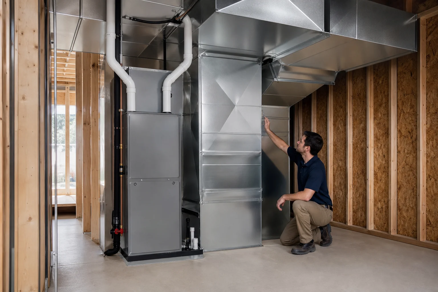 Technician inspecting a complete air handler and sheet-metal duct system