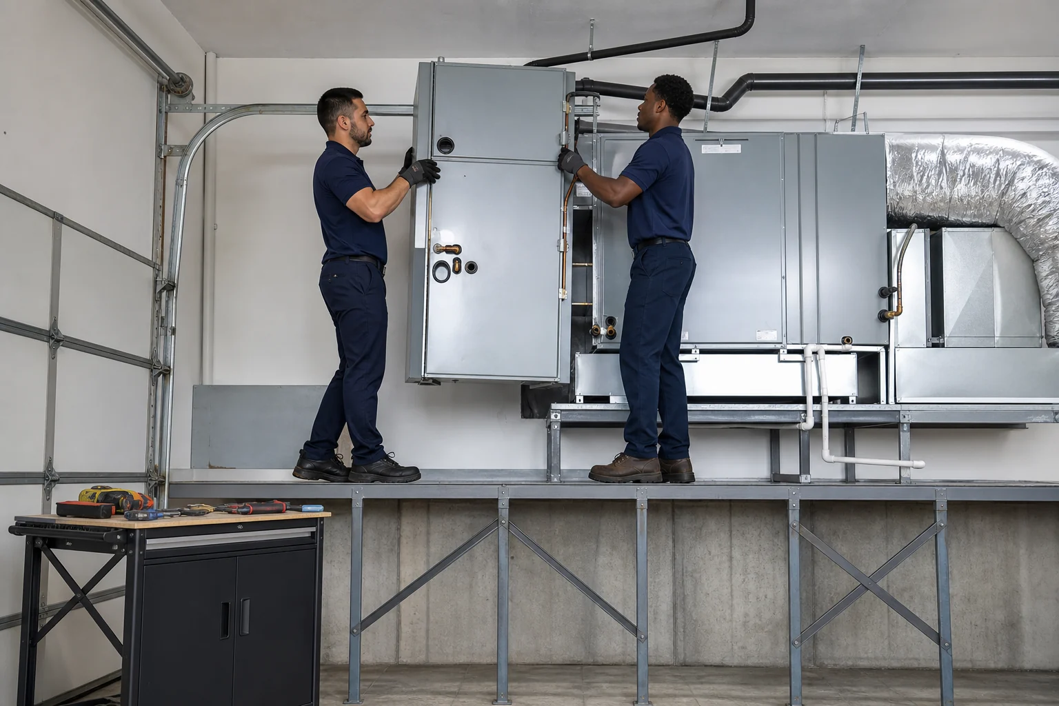 HVAC professionals installing an indoor air handler on a secure platform