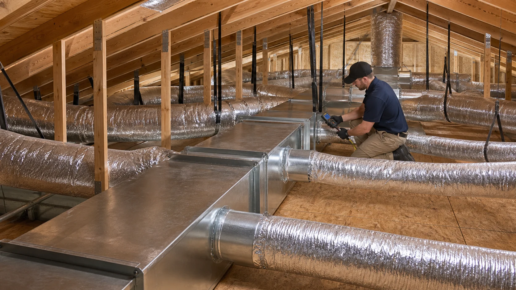 New insulated HVAC ductwork installed in a Florida attic