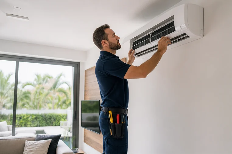 Technician commissioning a wall-mounted residential air conditioner