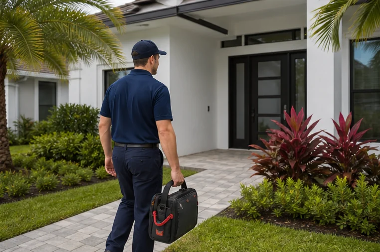 Climate World technician arriving at a Florida home with diagnostic equipment