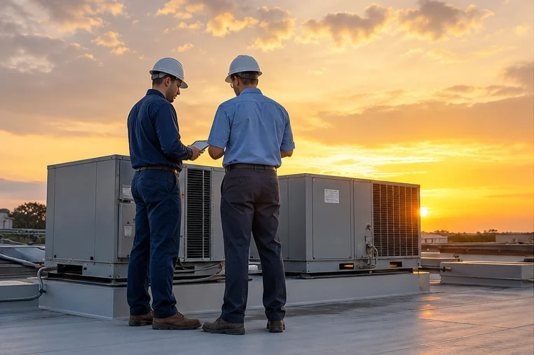 Commercial HVAC engineers reviewing rooftop equipment at sunset