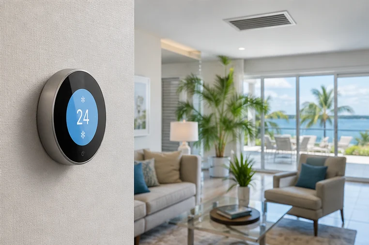 Smart thermostat in a comfortable Florida living room