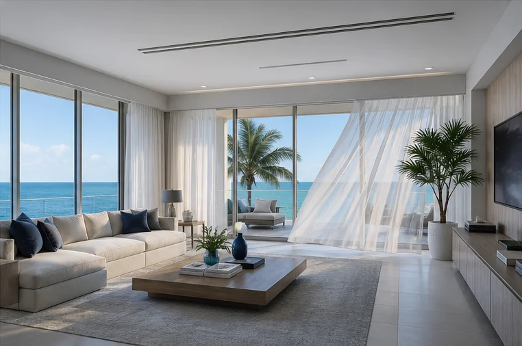 Comfortable Florida living room with modern linear air vents